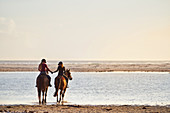 Young women horseback riding in ocean beach surf