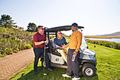 Male golfer friends talking at sunny golf cart