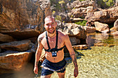 Portrait young man with wearable camera swimming