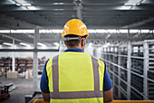 Male supervisor watching factory from platform
