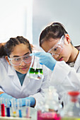 Girl students examining liquid in beaker in classroom