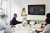 Businesswoman at television screen leading meeting