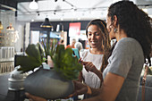 Women shopping, holding succulent plant in home decor shop