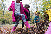 Playful kids kicking in autumn leaves