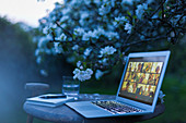 Friends video chatting on laptop screen in garden at dusk