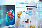 Female scientist with test tubes studying coronavirus