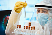 Female scientist with test tubes studying coronavirus