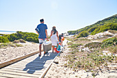 Family carrying equipment on sunny beach boardwalk