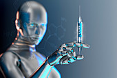 Robot holding COVID-19 vaccination syringe cure