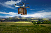 Drone delivery crate over rural landscape