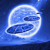 Spaceships over an alien planet, illustration