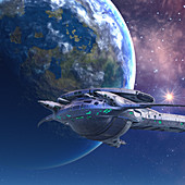 Spaceship orbiting alien planet, illustration