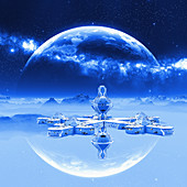 Spaceships over an alien planet, illustration