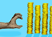 Hand grabbing a pile of coins, illustration