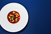 Gelled duck borscht with sour cream and caviar