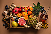 Selection of fresh fruit with vitamin C and natural ingredients to boost immune system