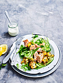 Roast salmon with spiced cauliflower and spinach