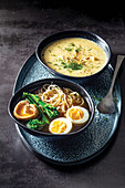 Japanische Ramen-Suppe und griechische Zitronensuppe