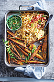 Masala sweet potato wedges, Shoestring fries, Zesty dipping sauce, Cheesy garlic and chilli sauce