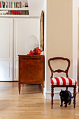 Black cat under antique chair with red and white upholstery