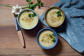 Cauliflower soup with roasted pine nuts, nutmeg and saffron