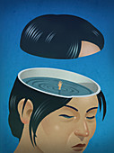 Woman drowning inside of head, illustration