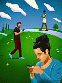 People in park obsessed with smart phones, illustration