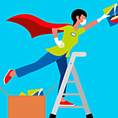 Superhero shop worker stacking shelves, illustration