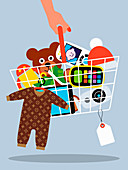 Shopping basket full of things for new baby, illustration