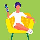 Woman sitting in slippers watching television, illustration