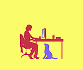 Dog watching woman working from home, illustration