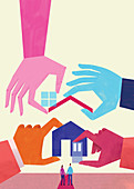 Couple waiting while hands assemble house, illustration