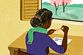 Woman writing at desk looking out of window, illustration