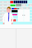 Pharmacist standing at counter, illustration