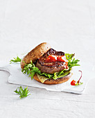 Mushroom and beef steak burger with tomato chutney