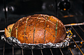 Garlic and herb party bread in the oven