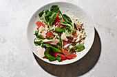 Lamb's lettuce salad with grapefruit, trout and rice