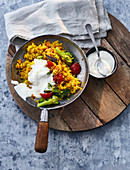 One pot spiced rice with vegetables and yoghurt