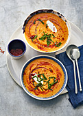Spicy carrot and orange soup with Turkish yoghurt