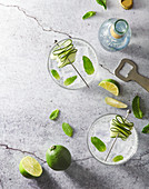 Mojito cocktails in glasses with ice cubes