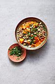 Pumpkin and tomato curry with a lentil and quinoa mix and peanuts