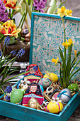 Colourful Easter eggs, narcissus and egg cosies in wooden crate