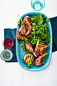 Lamb chops with grilled peaches and a herb salad
