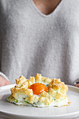 Cloud eggs with green vegetables for breakfast