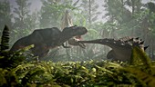 T-rex fighting ankylosaur, illustration