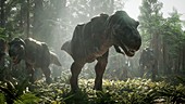 Tyrannosaurus rex herd hunting, illustration