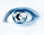 Human eye with world map, illustration
