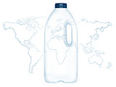 World map with plastic bottle, illustration