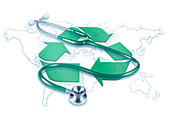 Map with recycling symbol and stethoscope, illustration