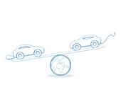 Scales with electric car and fuel car, illustration